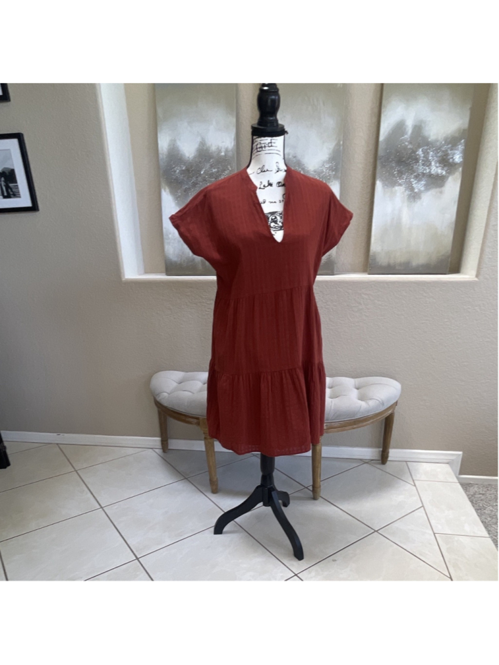 GAP Women's Red V-Neck Cap Sleeve Tiered Cotton Knee-Length Shift Dress M